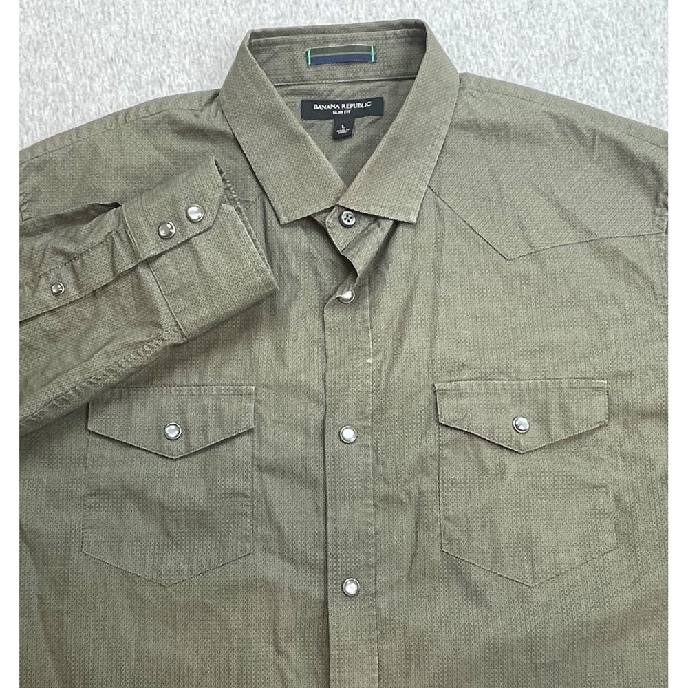 Banana Republic Shirt Mens Large Cotton Blend Stretch Slim Button Up Pearl Snap